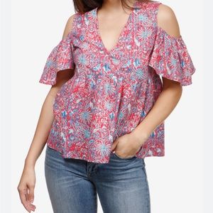 Lucky Brand Cold Shoulder Ruffle Sleeve Lightweight Patriotic Print Top Large